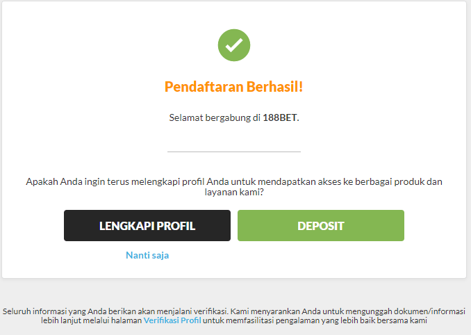 pendaftaran akun 188bet berhasil